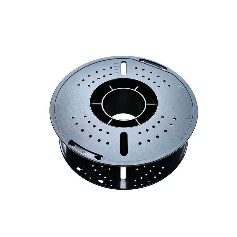 Original threading-hole spool with grey perforated face and black hub